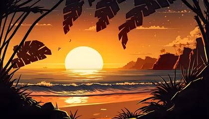 Illustration of cliffs, sunset, background, summer, sand, beach, golden hour, shore, clouds, weather, emptiness, nobody, desolate, deserted, solitude, seascape, panorama, water, travel, scenic, scenery, sunrise, dusk, dawn, coastline, orange, eve, evening, wave, coast, holiday, horizon, landscape, sky, sun, sunny, nature, ocean, sea, beautiful, paradise, peaceful, relax, relaxation, romance, romantic, tropical, dune, vacation